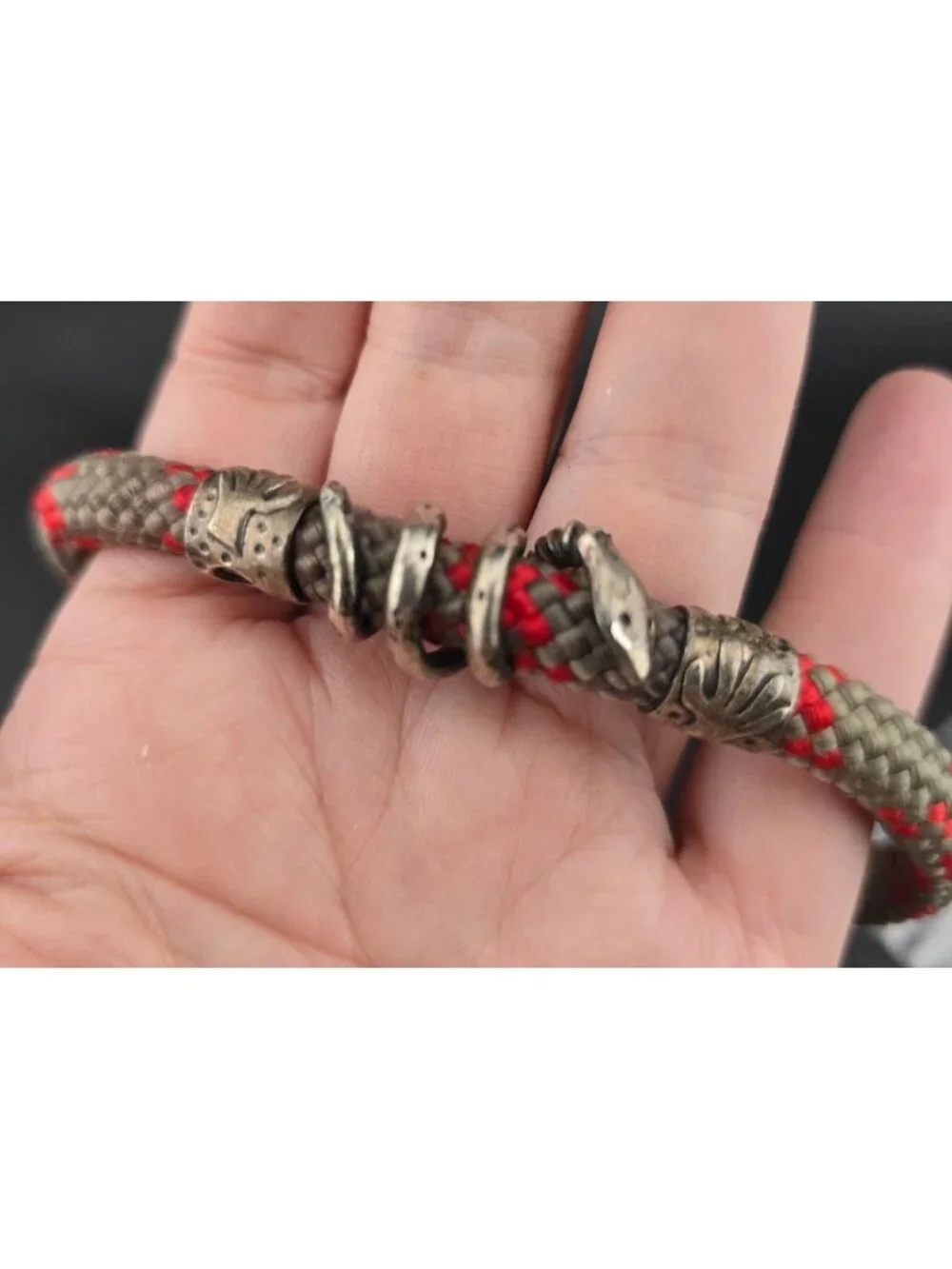 Vintage Mens Snake Red and Gray Cord Bracelet Metal Accents 6.25